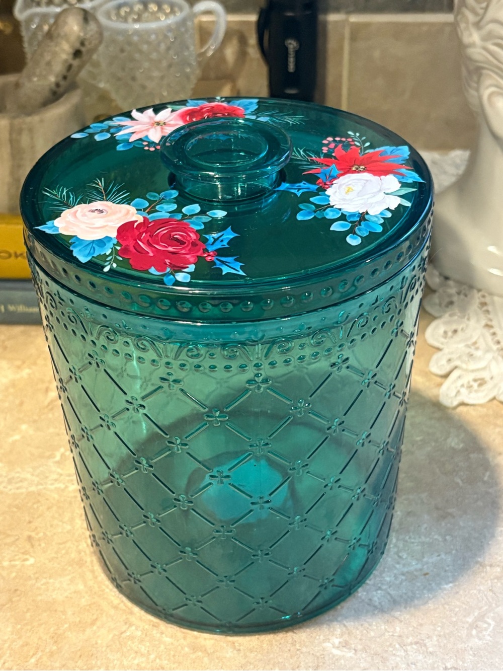 The Pioneer Woman Wishful Winter Teal Floral Treat Container Canister 2.6 Qt